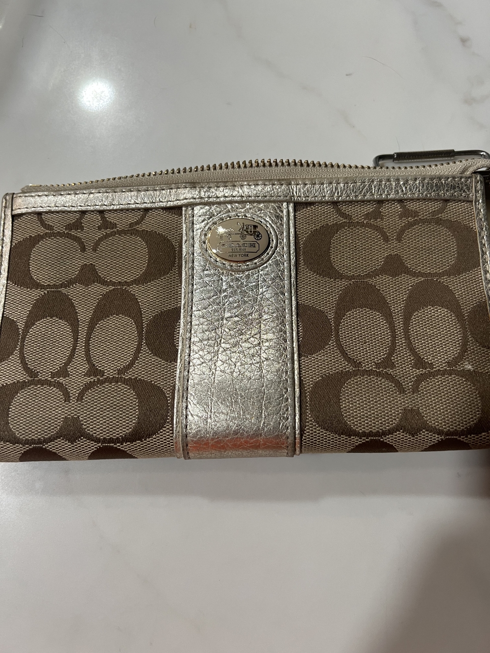 Coach Metallic Trim Signature Canvas Wristlet - Brown/Gold